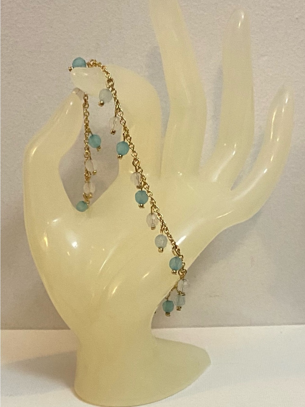 Delicate Gold Chain Bracelet with Aqua and Clear Beads